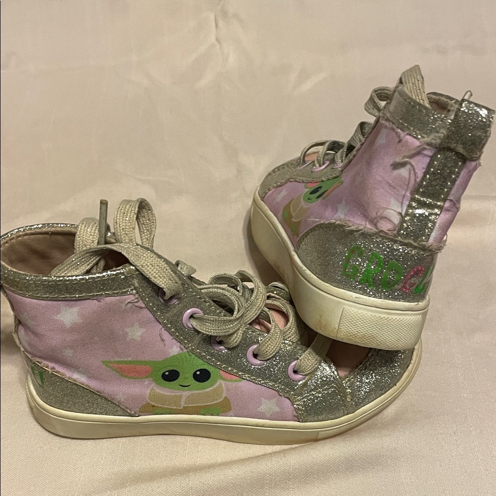 Kids Pink and Silver Baby Yoda Sneakers